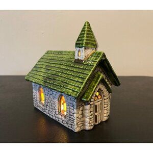 Vintage Ceramic Light Up Church Chapel Hand Painted Stained Glass 6.5" Tall